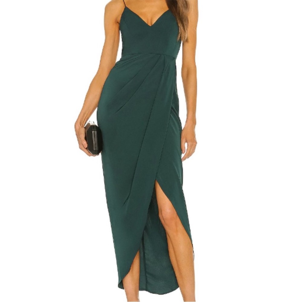 Shona Joy Cocktail Draped Dress V Neck Formal Emerald Green Seaweed size 8 US